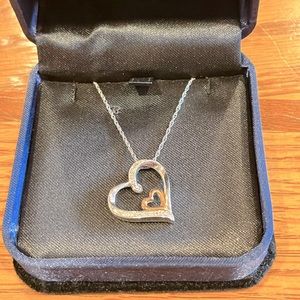 Diamond accent tilted double heart pendant in sterling silver and 10K rose gold